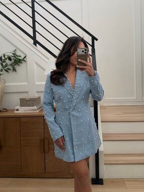 Boohoo Blue Pearl Embellished Blazer Mini Dress Size 6